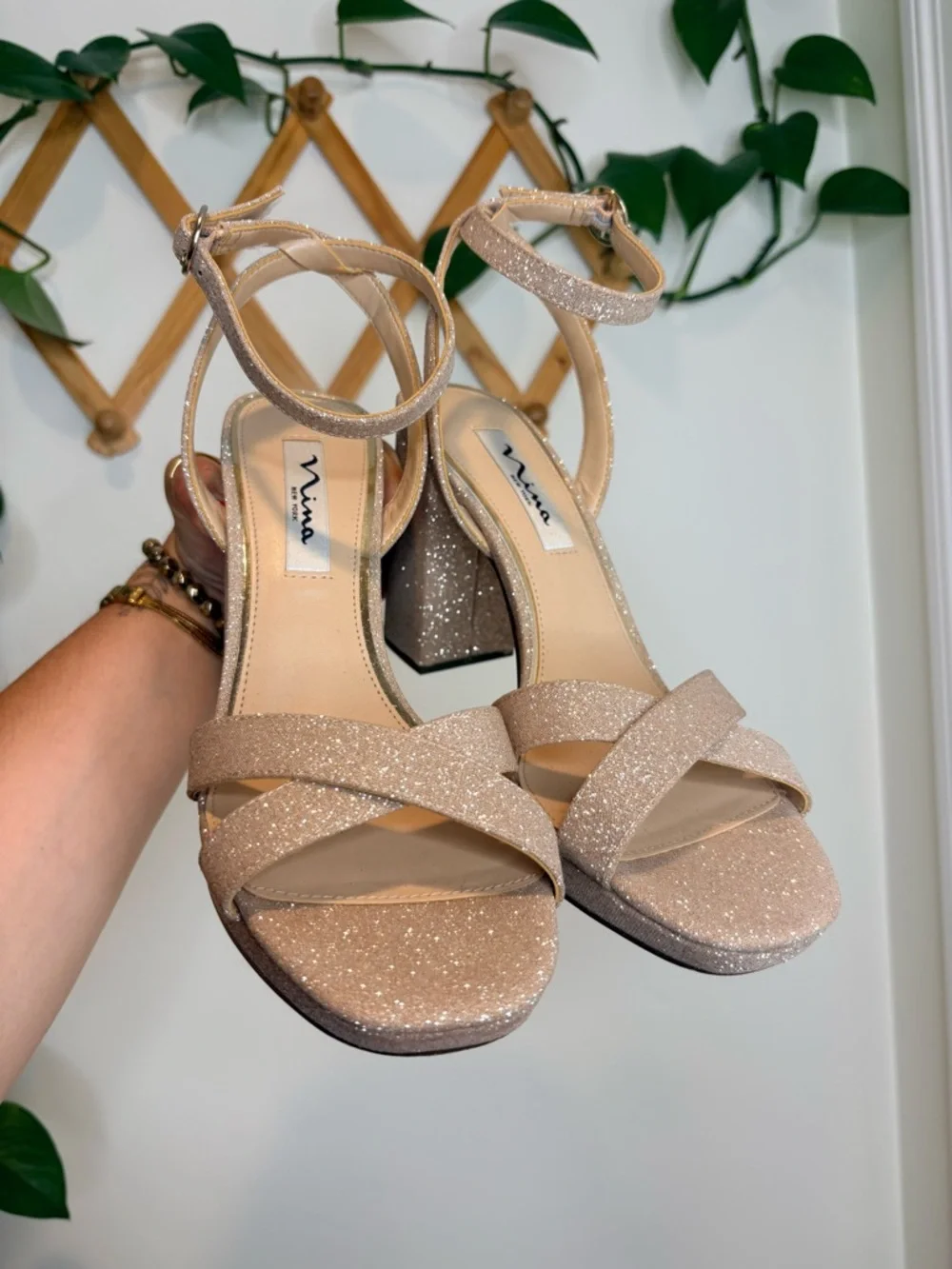 NINA Shelia Nude Glitter Net Block-Heel Platform Sandals With Ankle Strap